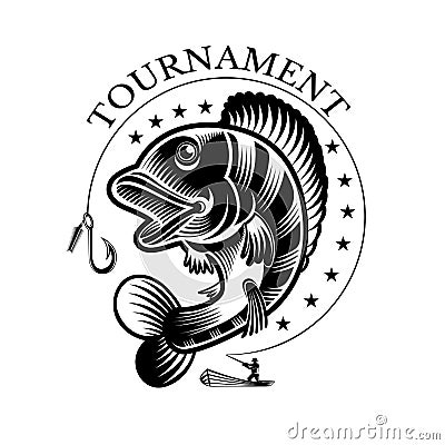 Perch fish and fishman with fishing rod in engrving style. Logo for fishing, championship and sport club Vector Illustration